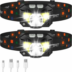 An image of two 1200 lumen IPX4 ultra light head lamps with usb charge cords
