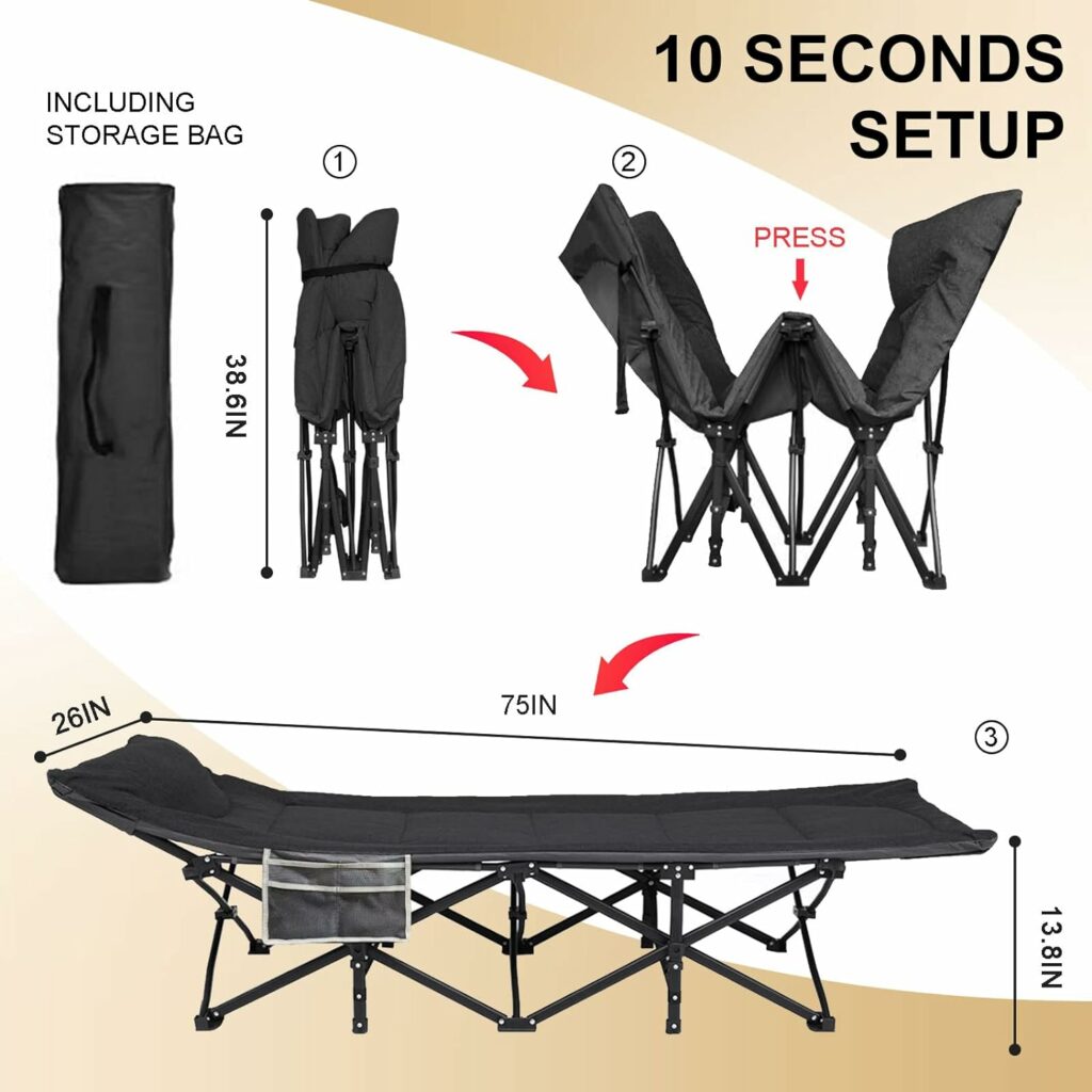 The ATORPOK Portable Camping Cot with Pad and Pillow with the dimensions displayed