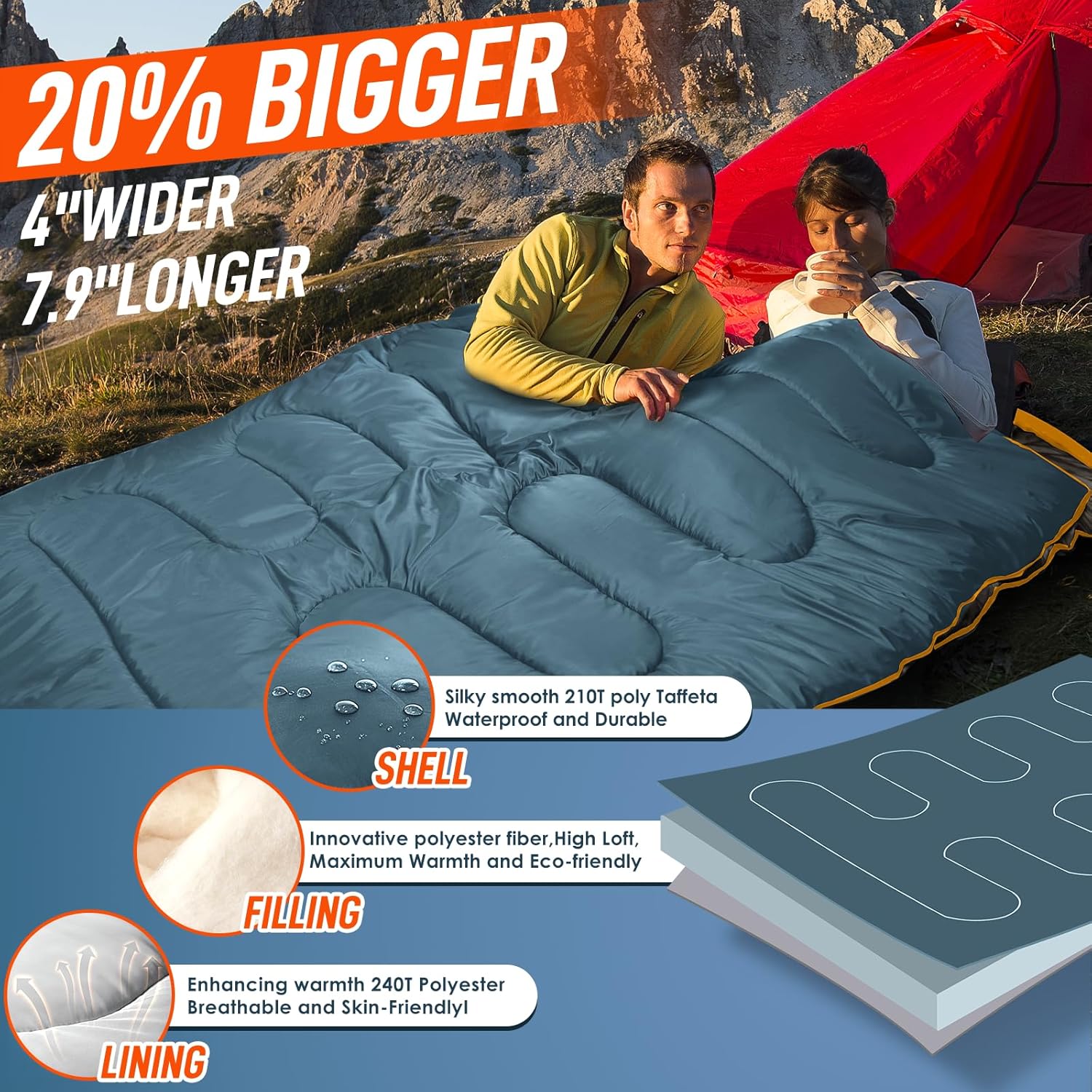 a man and woman laying in a double sleeping bag