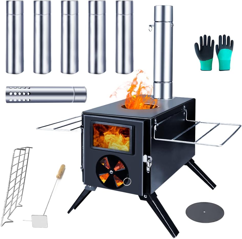 The fitinhot camp woodstove with accessories and a glass front showing fire burning