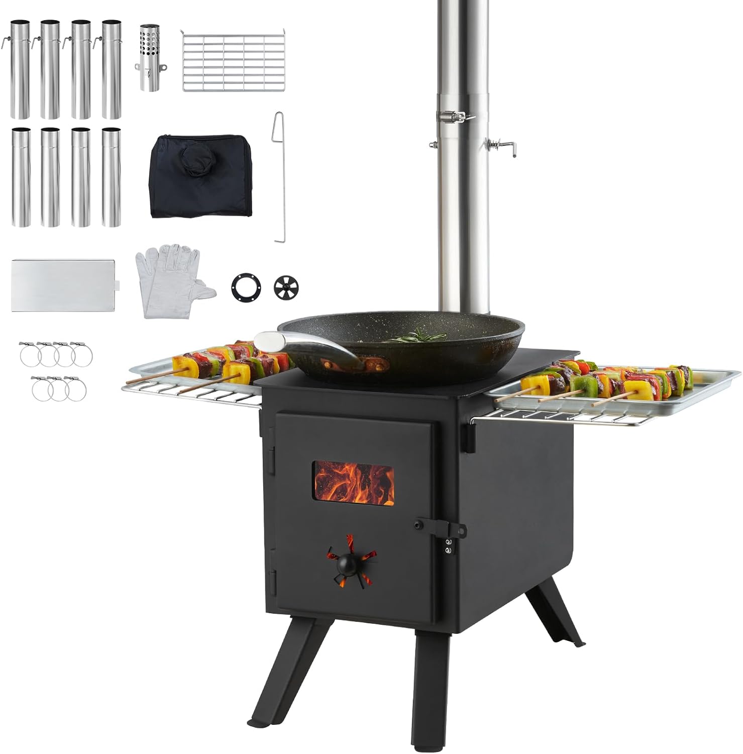 The Vevor Tenting Woodstove with accessories and food cooking on the grill
