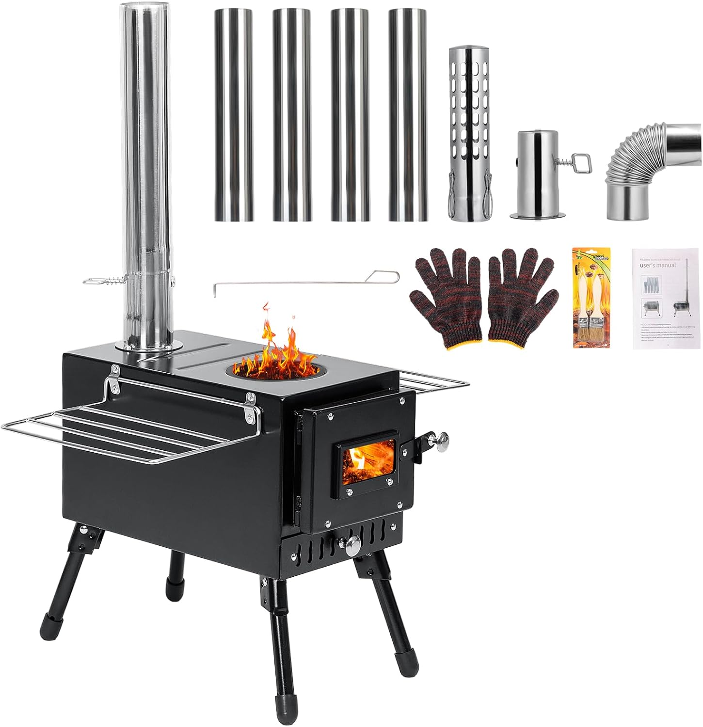 The YRenZ Outdoor Wood Burning Stove with included accessories and glass front window