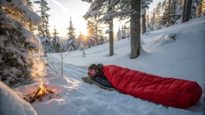 a man laying in a red winter sleeping bag in the snow