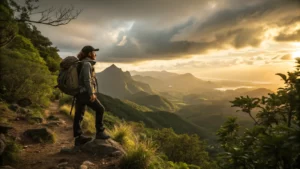 a man with a backpack standing on a mountain trail with mountain views in the background