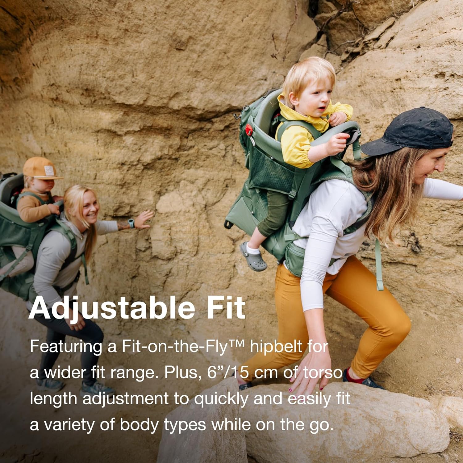 Osprey Poco Plus Child Carrier with a child and mother hiking up a rocky trail
