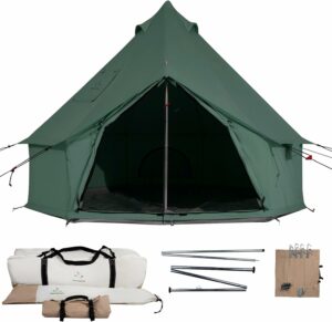 Ultimate Glamping Camp Canvas Bell Tent and included accessories