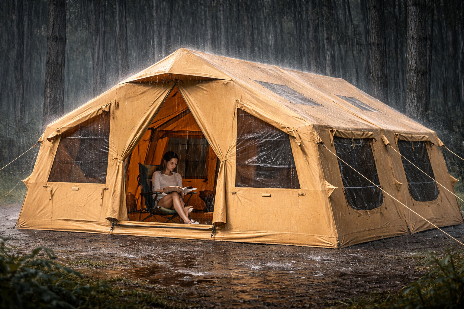 vevor inflatable tent in the rain